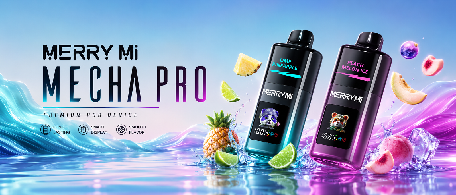 Čierne Merry Mi Mecha Pro s tropickým ovocím na reklamnom bannere