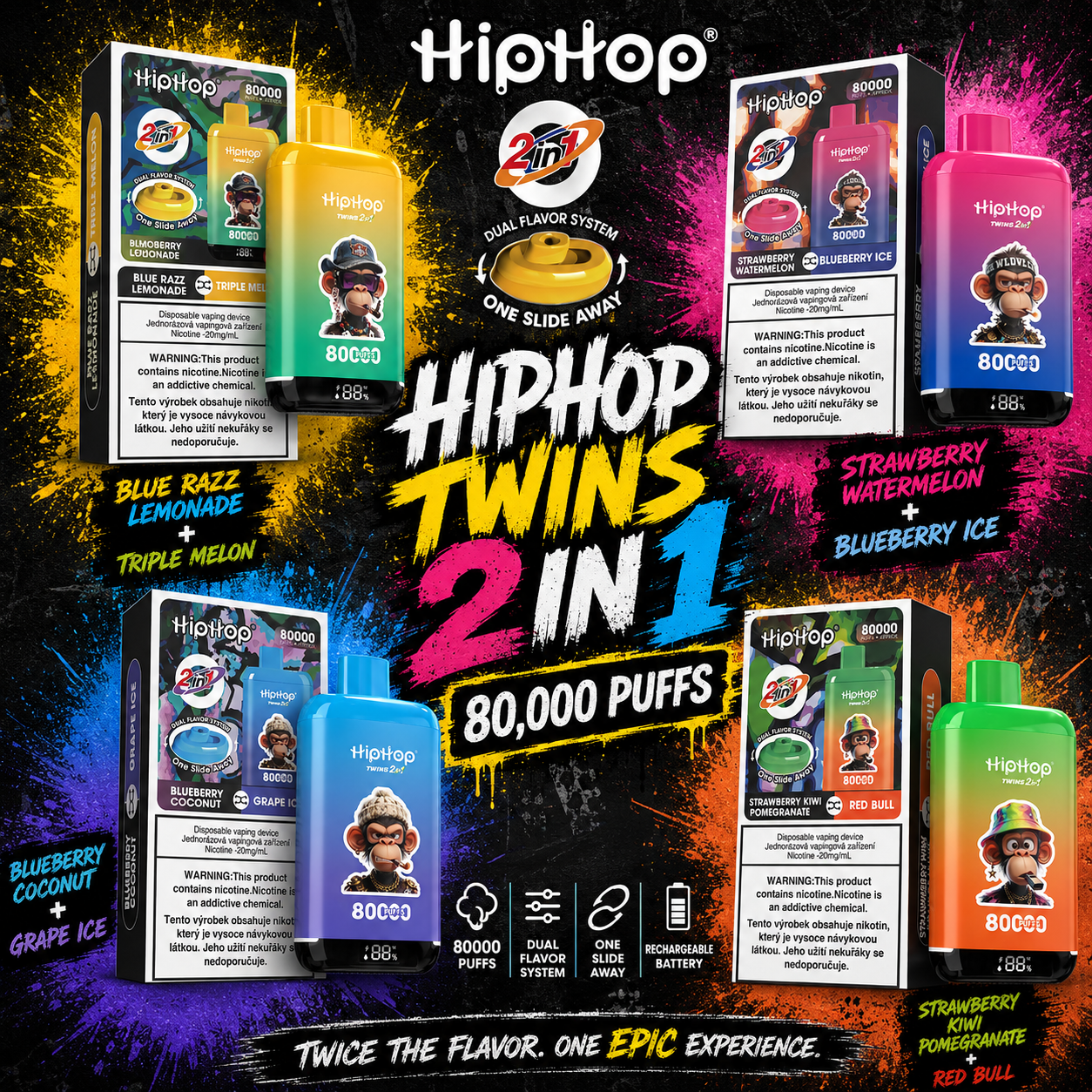 Prehľad príchutí Hiphop Twins 80K 2 v 1 so štyrmi farebnými zariadeniami