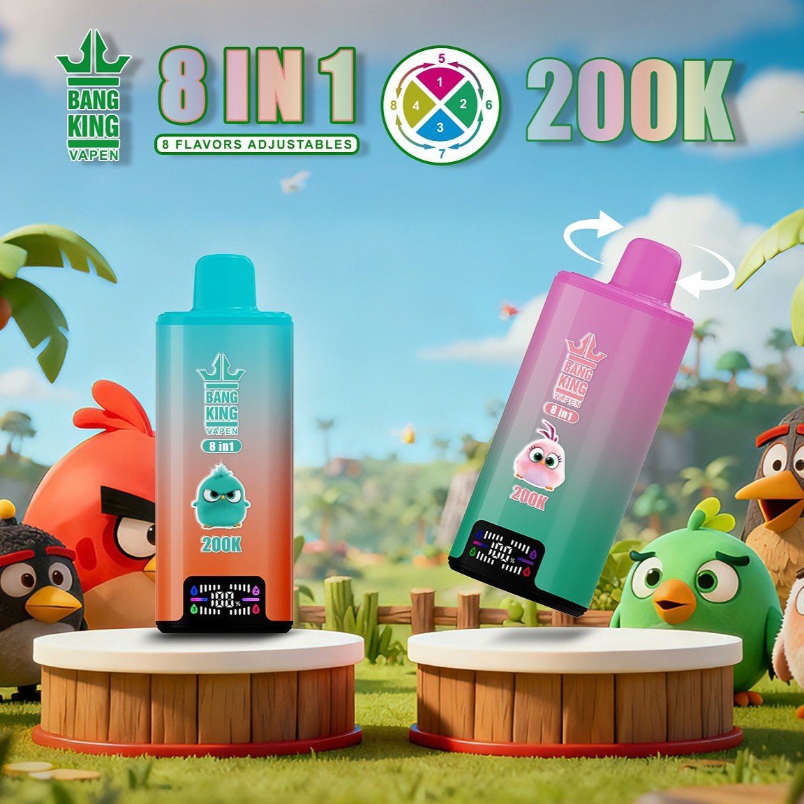 Tyrkysové a ružové zariadenia Bang King 200K 8 v 1 v tropickej krajine