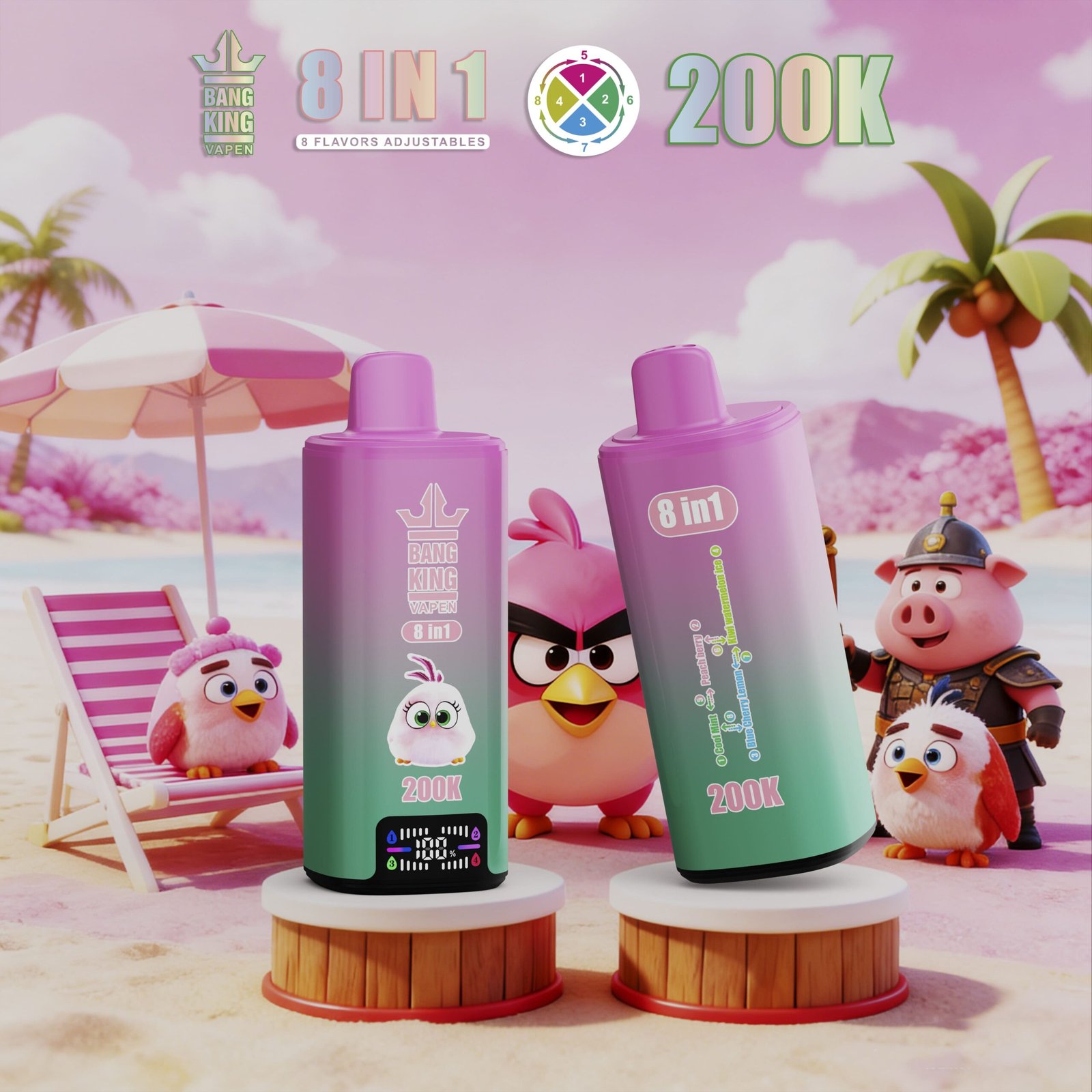 Ružové a zelené zariadenia Bang King 200K 8 v 1 na tropickej pláži