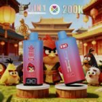Červené a modré zariadenia Bang King 200K 8 v 1 pred ázijským chrámom