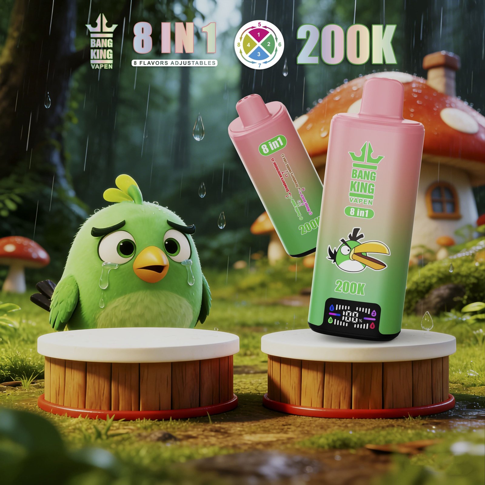 Ružové a zelené zariadenia Bang King 200K 8 v 1 v rozprávkovom lesnom prostredí