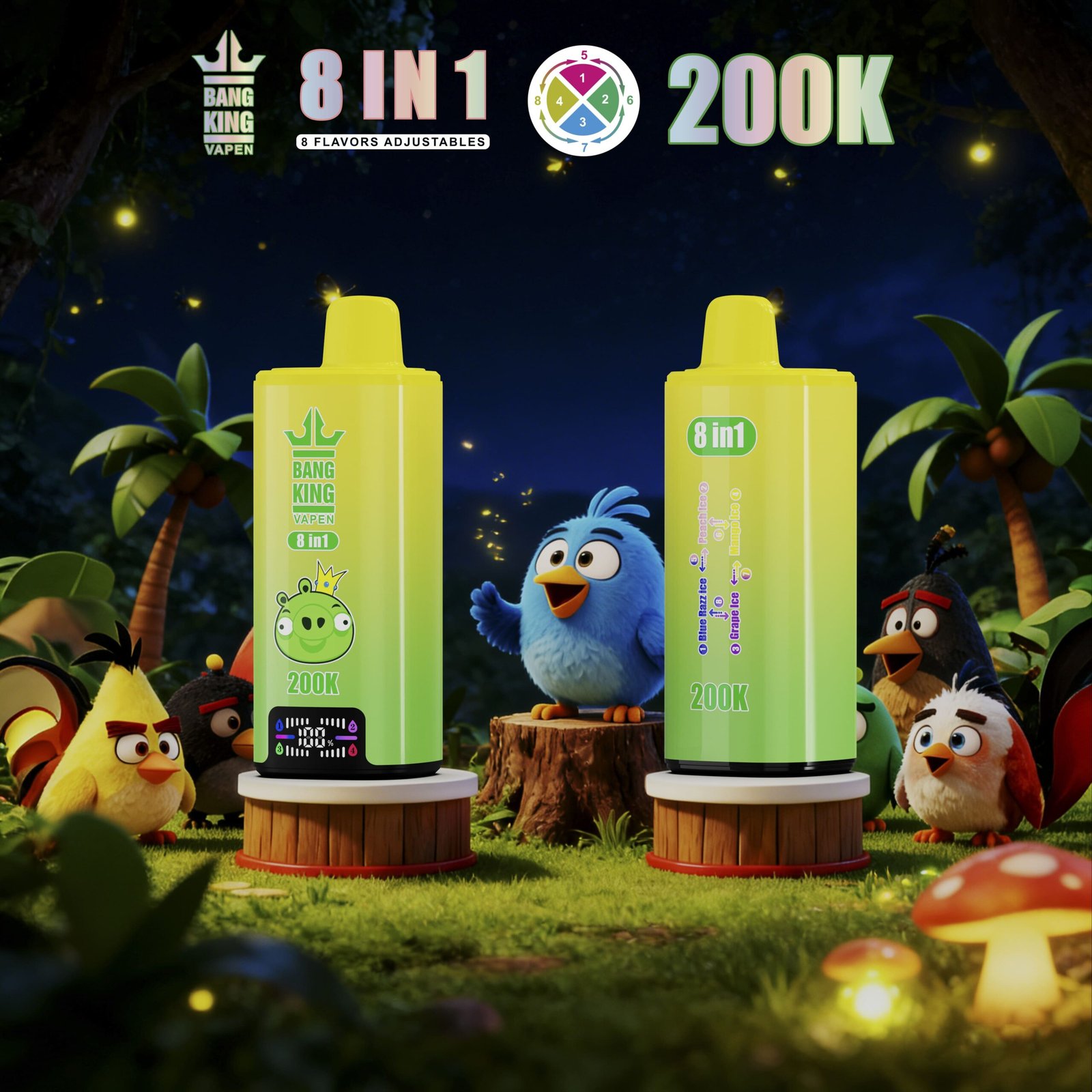 Dve neónovozelené zariadenia Bang King 200K 8 v 1 v nočnom lese