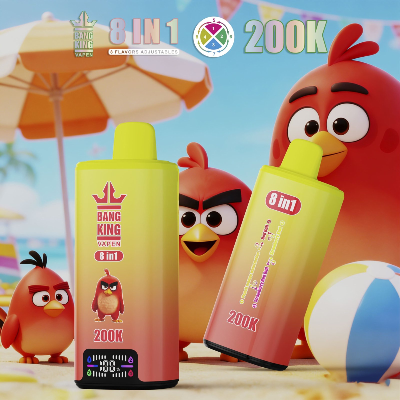 Žlto-červené zariadenia Bang King 200K 8 v 1 na pláži