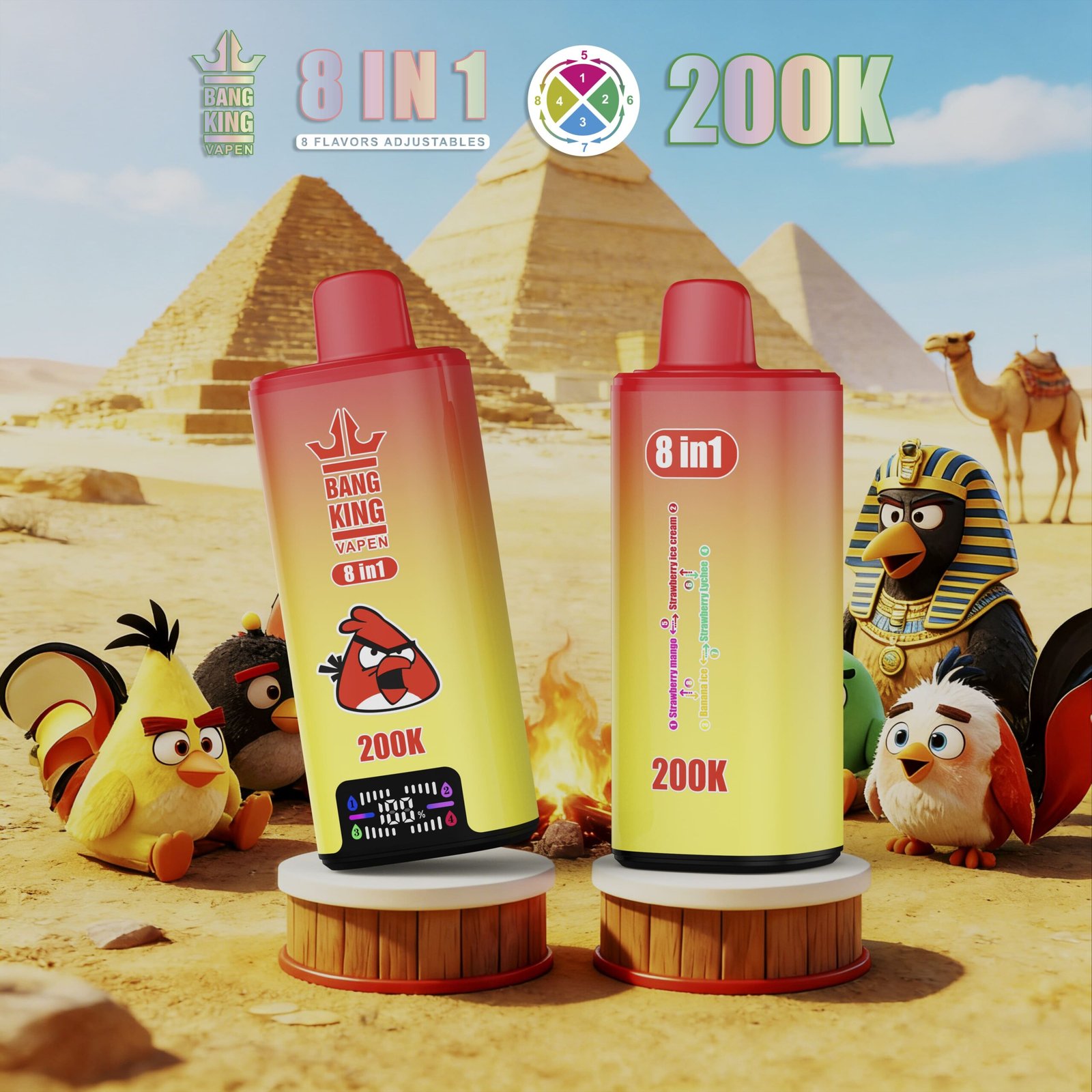 Červeno-žlté zariadenia Bang King 200K 8 v 1 pred egyptskými pyramídami