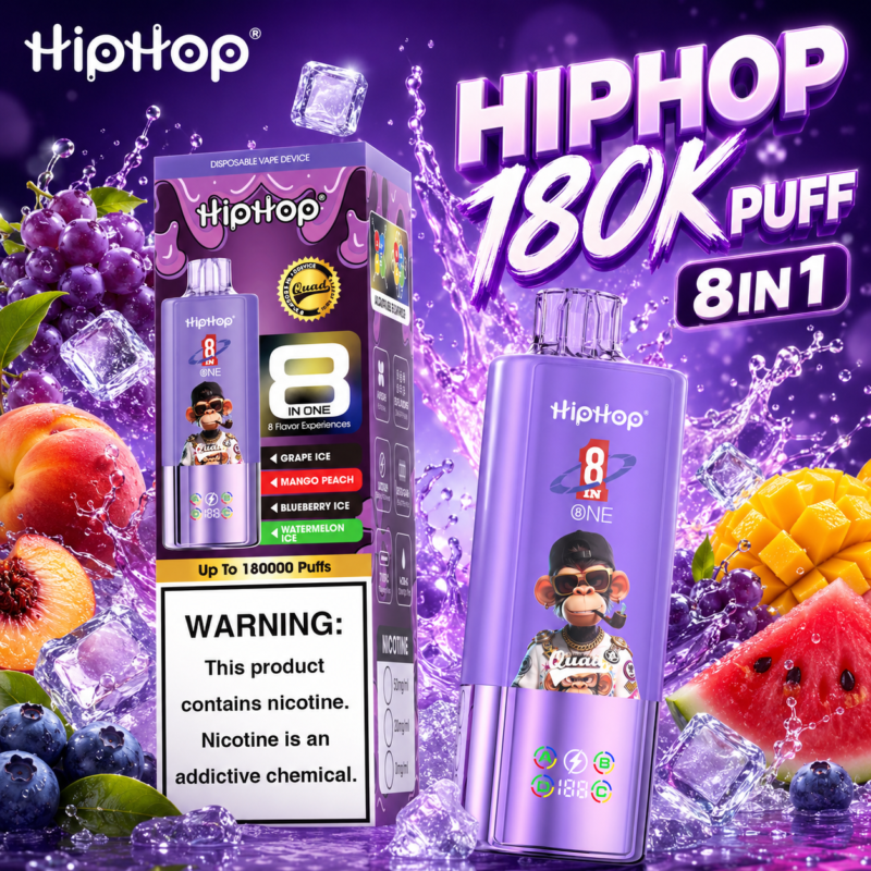 Fialový Hiphop 180K Puff 8 v 1 s hroznom, broskyňou, mangom a melónom