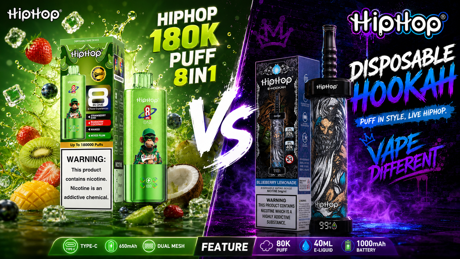 Porovnanie Hiphop 180K Puff 8in1 a Hiphop Disposable Hookah 80K