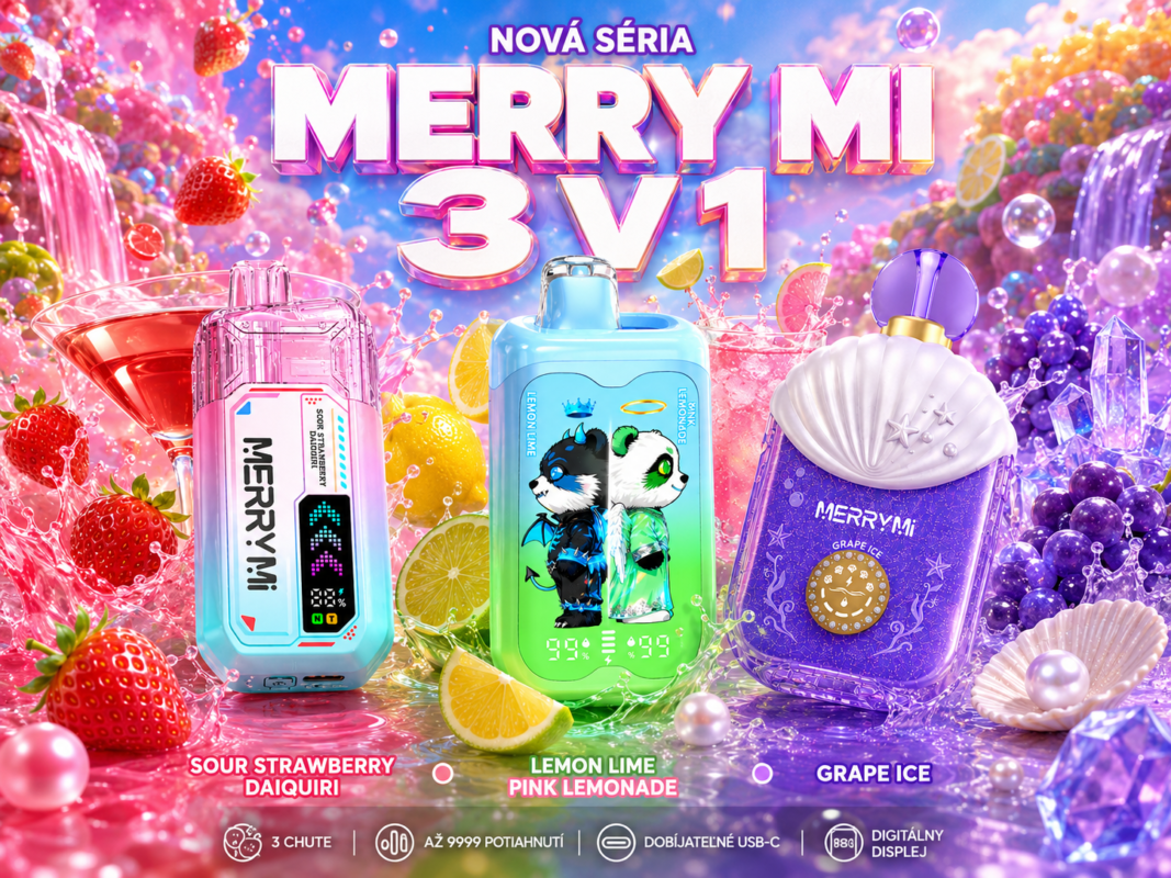 Merry Mi 3 v 1 – jednorazové vape s príchuťami Sour Strawberry Daiquiri, Lemon Lime Pink Lemonade a Grape Ice