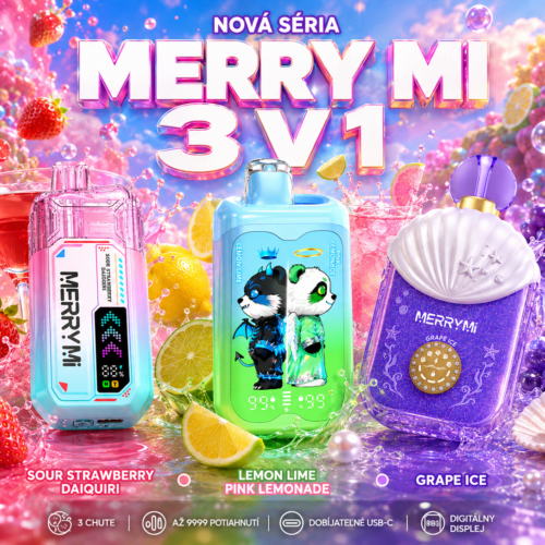 Merry Mi 3 v 1 – jednorazové vape s príchuťami Sour Strawberry Daiquiri, Lemon Lime Pink Lemonade a Grape Ice