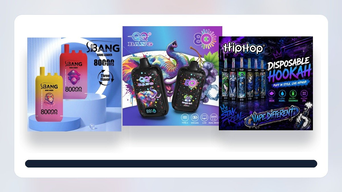 80K vape kontrolný zoznam s reálnymi produktovými obrázkami Bang Leader, QQ Bang a HIPHOP